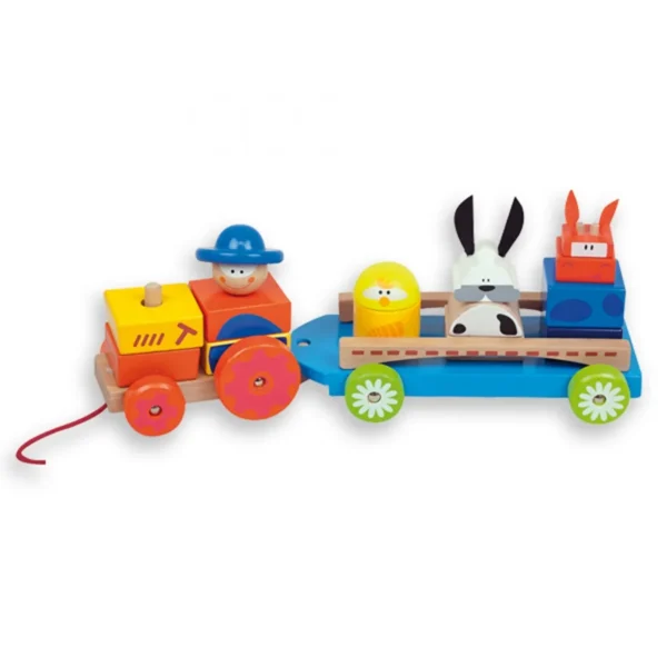 Дървен трактор за дърпане с животни и ремарке, Andreu Toys